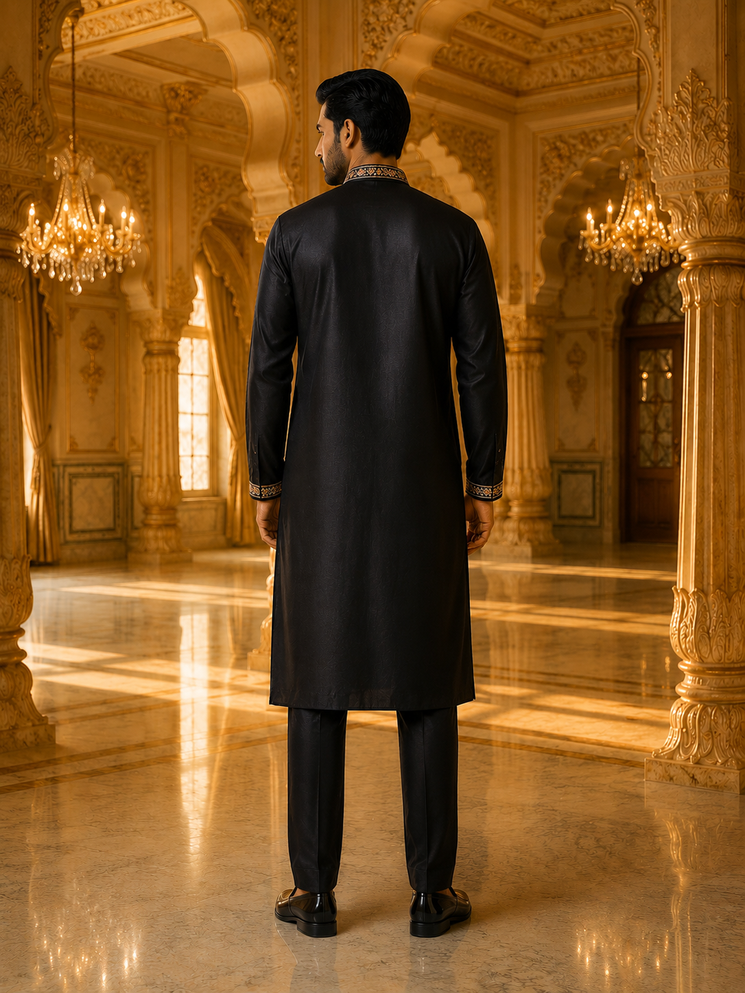 Black Embroidered Kurta Set with Stole