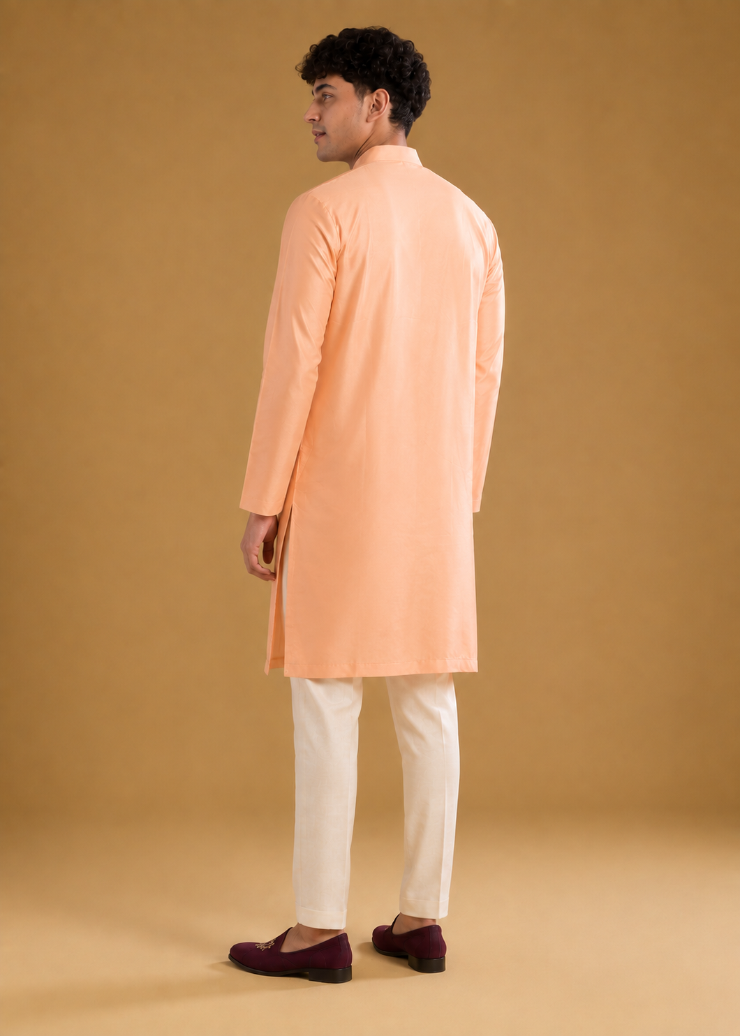 Peach Peacock Embroidered Kurta Set with Mirror Work Hem