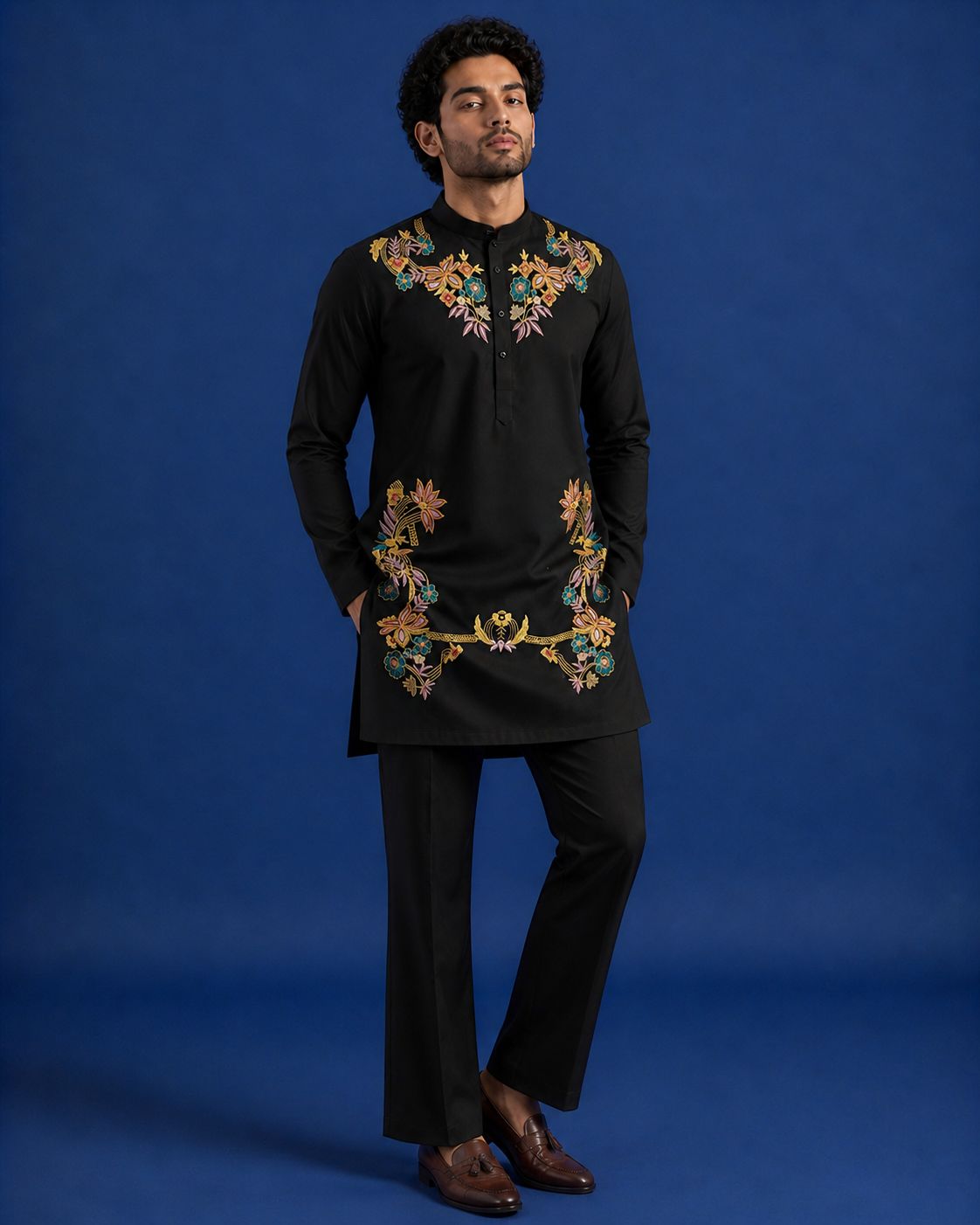 Black Multicolour Floral Embroidered Armani Short Kurta Suit